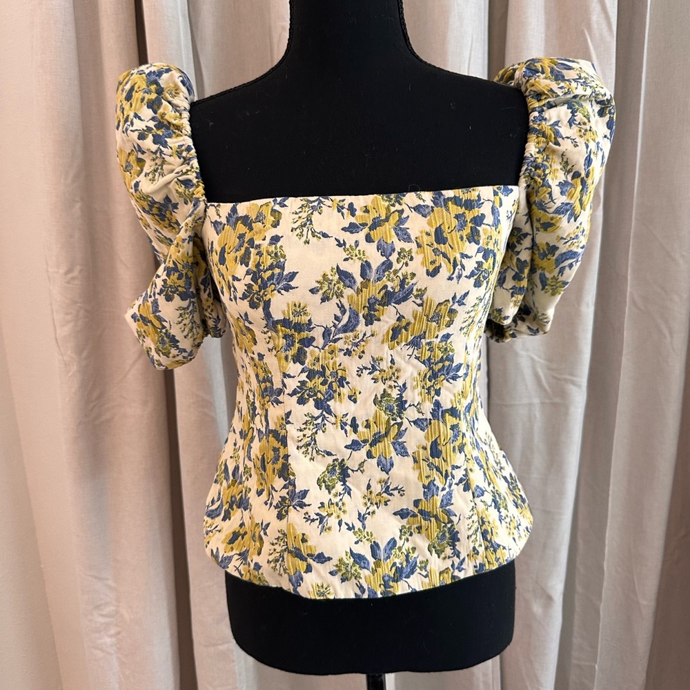 Lovers + Friends Square Neck Puff Sleeve Floral Top in White, Blue & Yellow